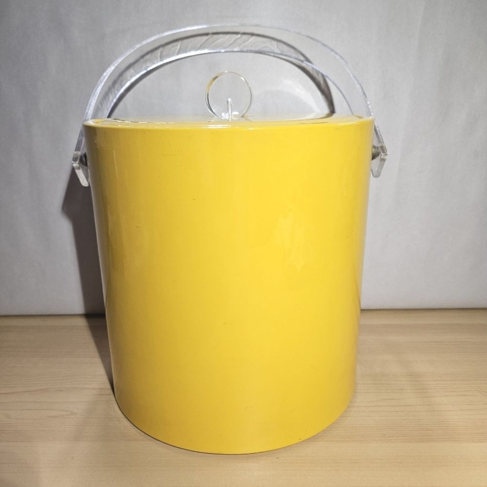 Mid Century Modern Vintage 70's Vinyl Bright Yellow & Lucite Ice Bucket & Lid